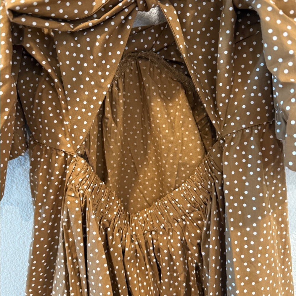 Abercrombie & Fitch Polka Dot Angel Sleeve Twist Front Tie back Brown Midi Dress - Picture 4 of 11